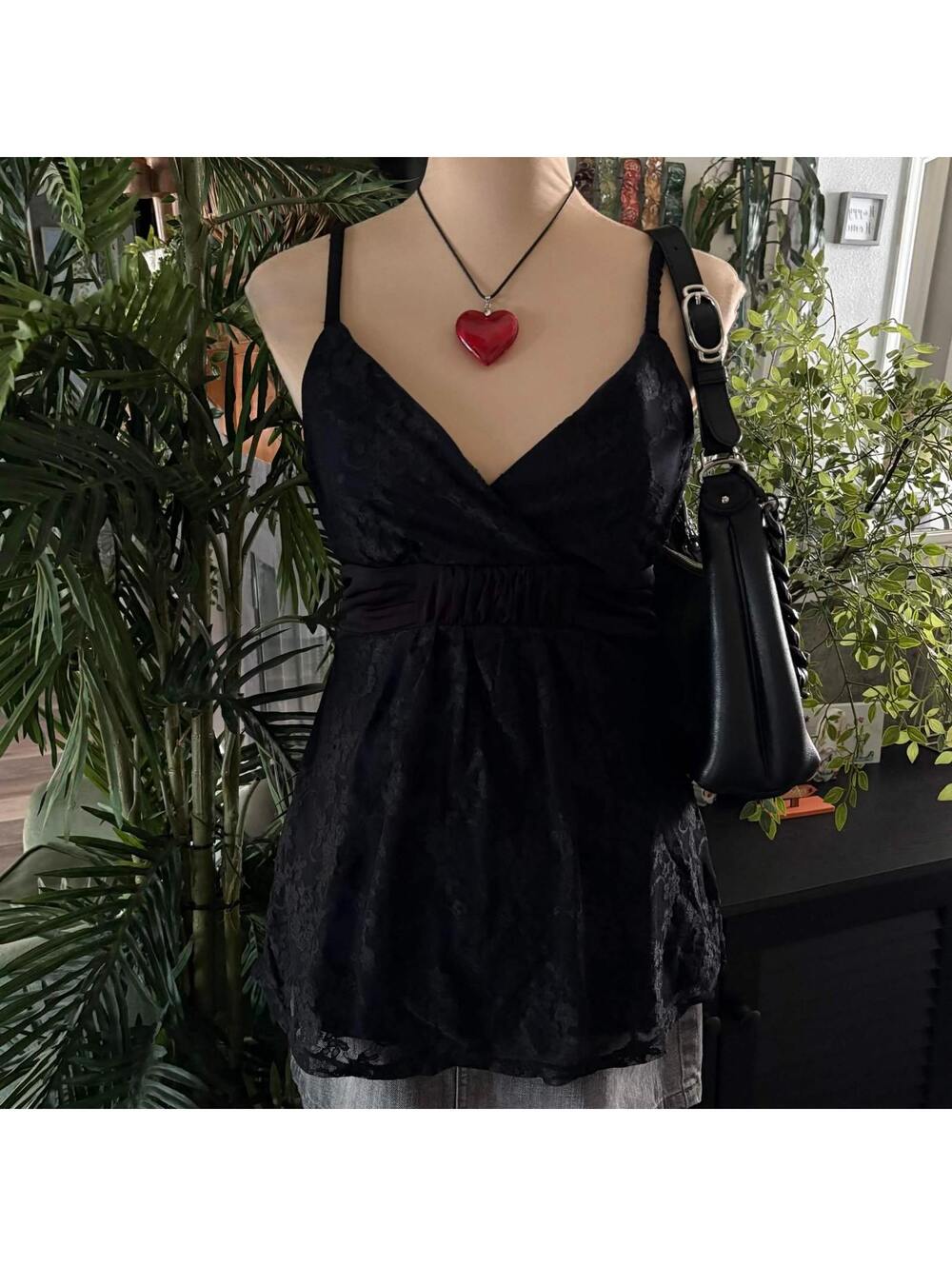 vintage y2k black and blue lace tie back babydoll top